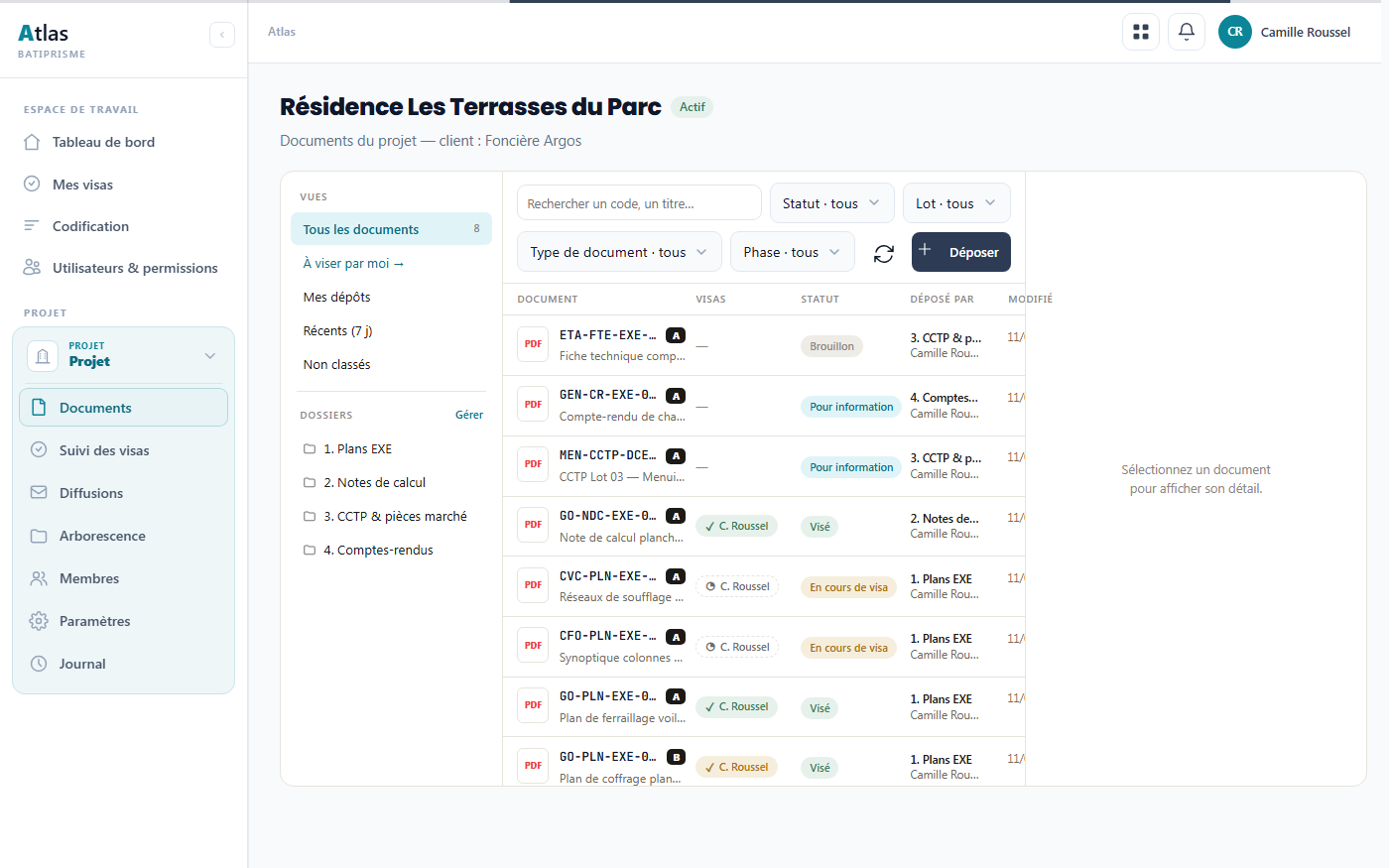 La GED d'une opération dans Atlas : documents codifiés par lot et par phase, indices et statuts de visa, arborescence de dossiers