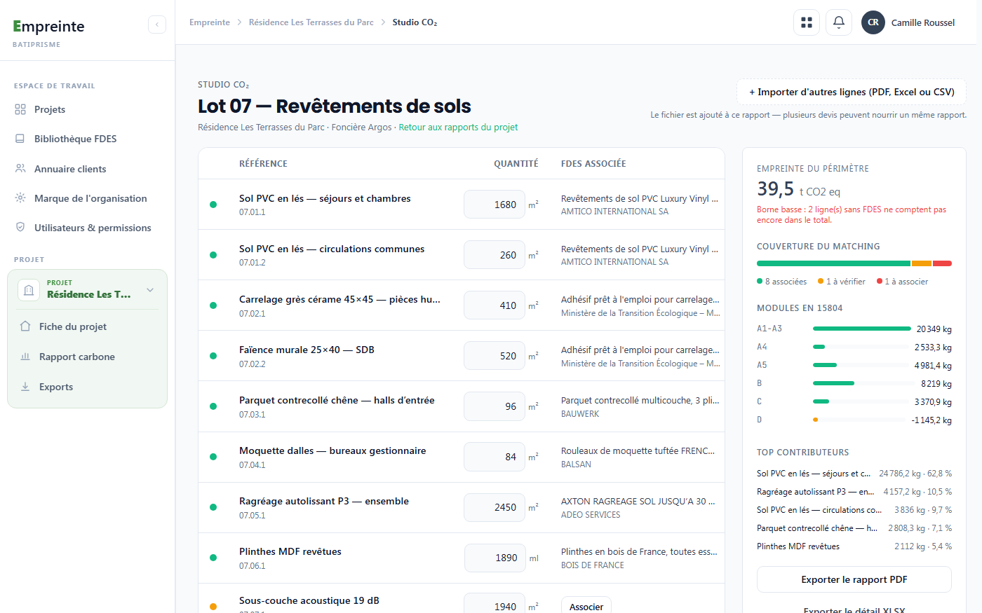 Le studio CO₂ d'Empreinte : lignes du devis rapprochées des FDES, couverture du matching, modules EN 15804 et top contributeurs