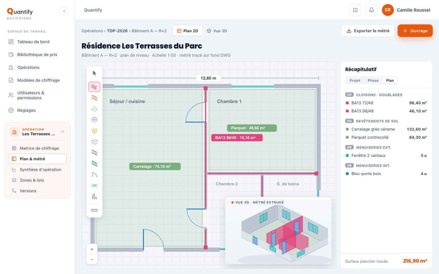 L'écran Plan & métré de Quantify : cloisons, sols et menuiseries tracés sur le plan d'une opération de rénovation (2D) avec vue 3D extrudée, et récapitulatif des quantités par lot