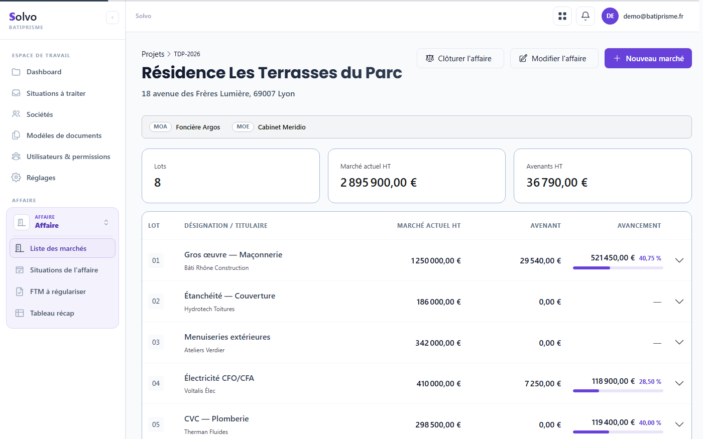 Une opération dans Solvo : les huit lots du marché avec montants, avenants et avancement calculé de chaque entreprise