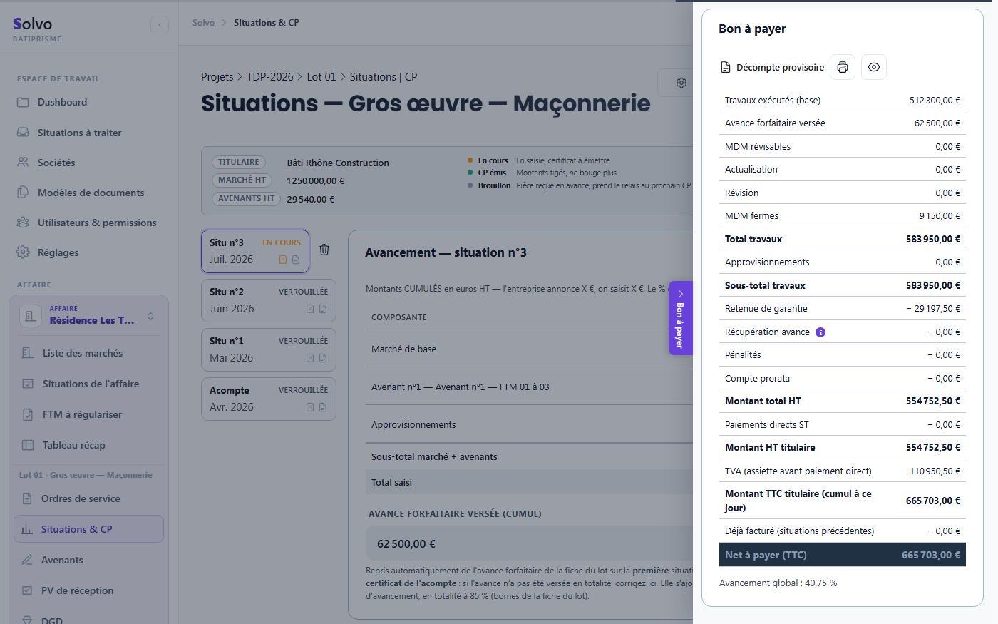 La cascade d'une situation dans Solvo (travaux, avance, retenue de garantie) jusqu'au bon à payer du certificat de paiement