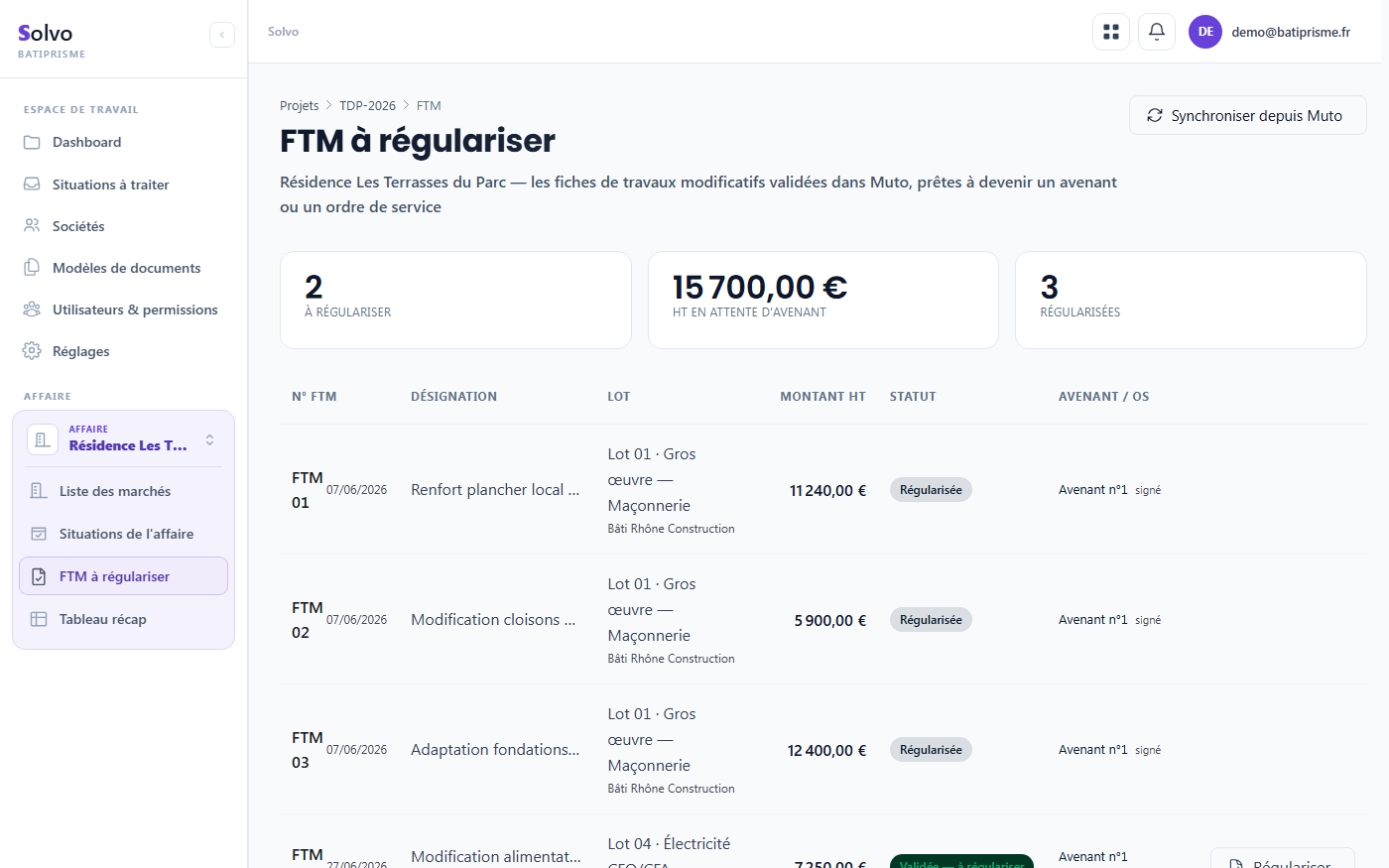 Écran « FTM à régulariser » de Solvo : les travaux modificatifs validés dans Muto, rapprochés de leur avenant ou ordre de service