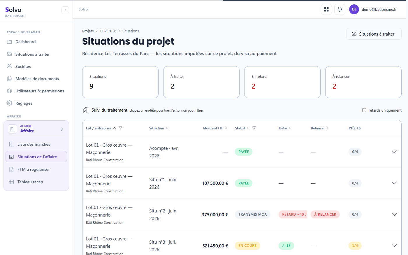 Suivi des situations de travaux d'un projet dans Solvo : statut de traitement, retards et relances par lot et par entreprise
